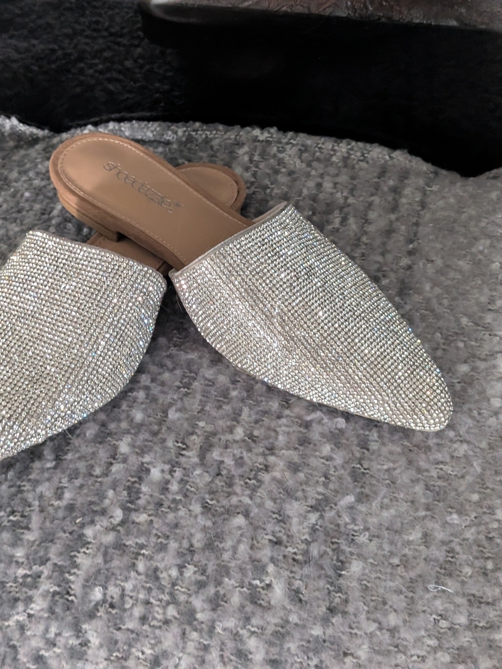 Sparkling Silver Rhinestone Pointed Toe Slip-On Mules